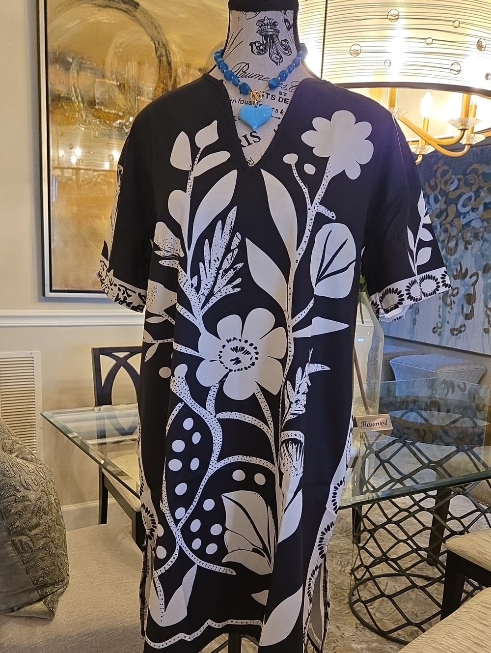 Sz S - Black & White Floral Silky Women’s Short Caftan Dress